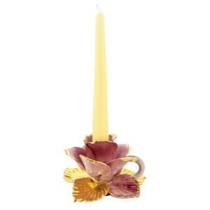 PORTACANDELE ROSA Kerzenhalter Keramik Kreationen Barock Stil 24k Gold Deko Made Italy