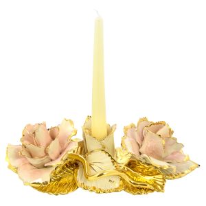 PORTACANDELE ROSA Kerzenhalter Keramik Kreationen Barock Stil 24k Gold Deko Made Italy