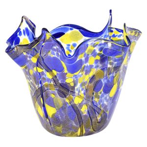 FAZZOLETTO MACCHIE FILI NERI Murano Glas Schale Vase Blattgold 24K Made Italy Handarbeit