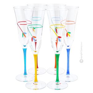 CALICE FLUTE GIGLIO Set 6 Flute Gläser Stielgläser handbemalt superior Klangglas Venedig authentisch Made in Italy